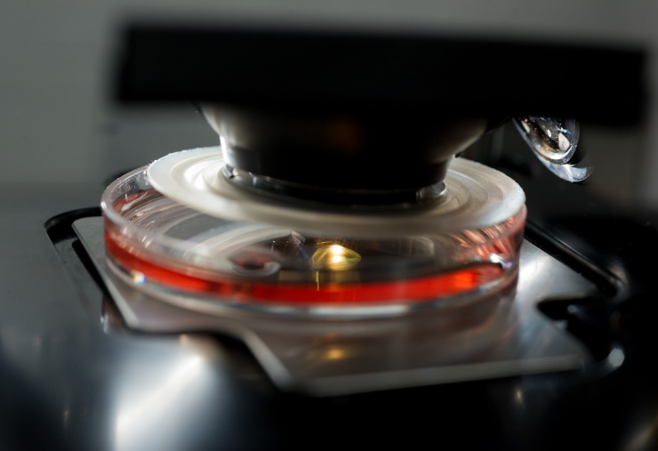 An AFM, holding a microscale cantilever, is positioned just above a petri dish filled with ovarian cancer cells.